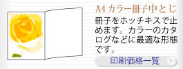 A4カラー冊子中とじ印刷。冊子をホッチキスで止めます。カラーのカタログなどに最適な形態です。印刷価格一覧